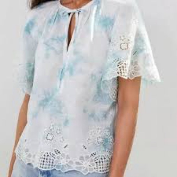 Anthropologie Tie Die Blue and White Flutter Embroidered Sleeve Blouse - Picture 4 of 12